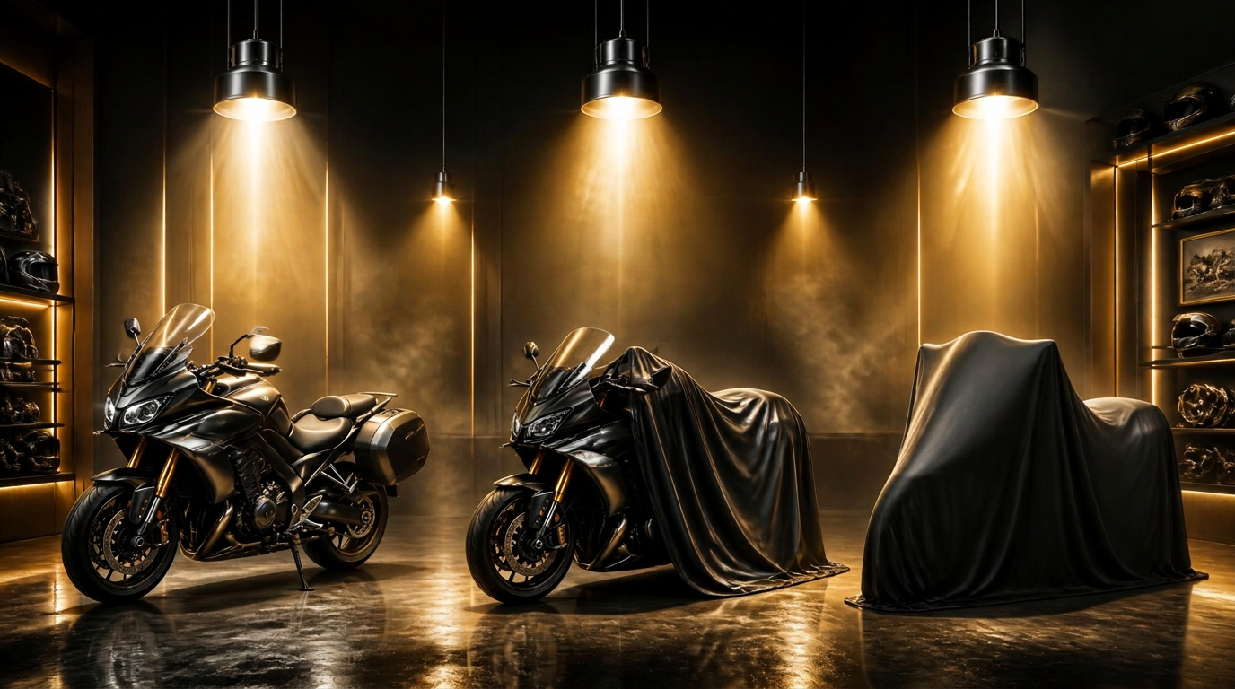 Três motos num showroom, uma descoberta, uma parcialmente coberta e a última totalmente coberta