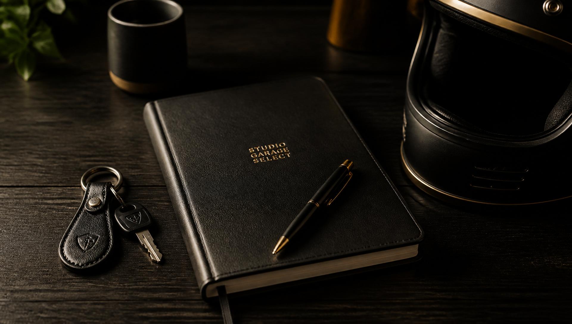 Secretária premium Studio Garage Select com caderno, caneta, chave de mota e capacete desfocado