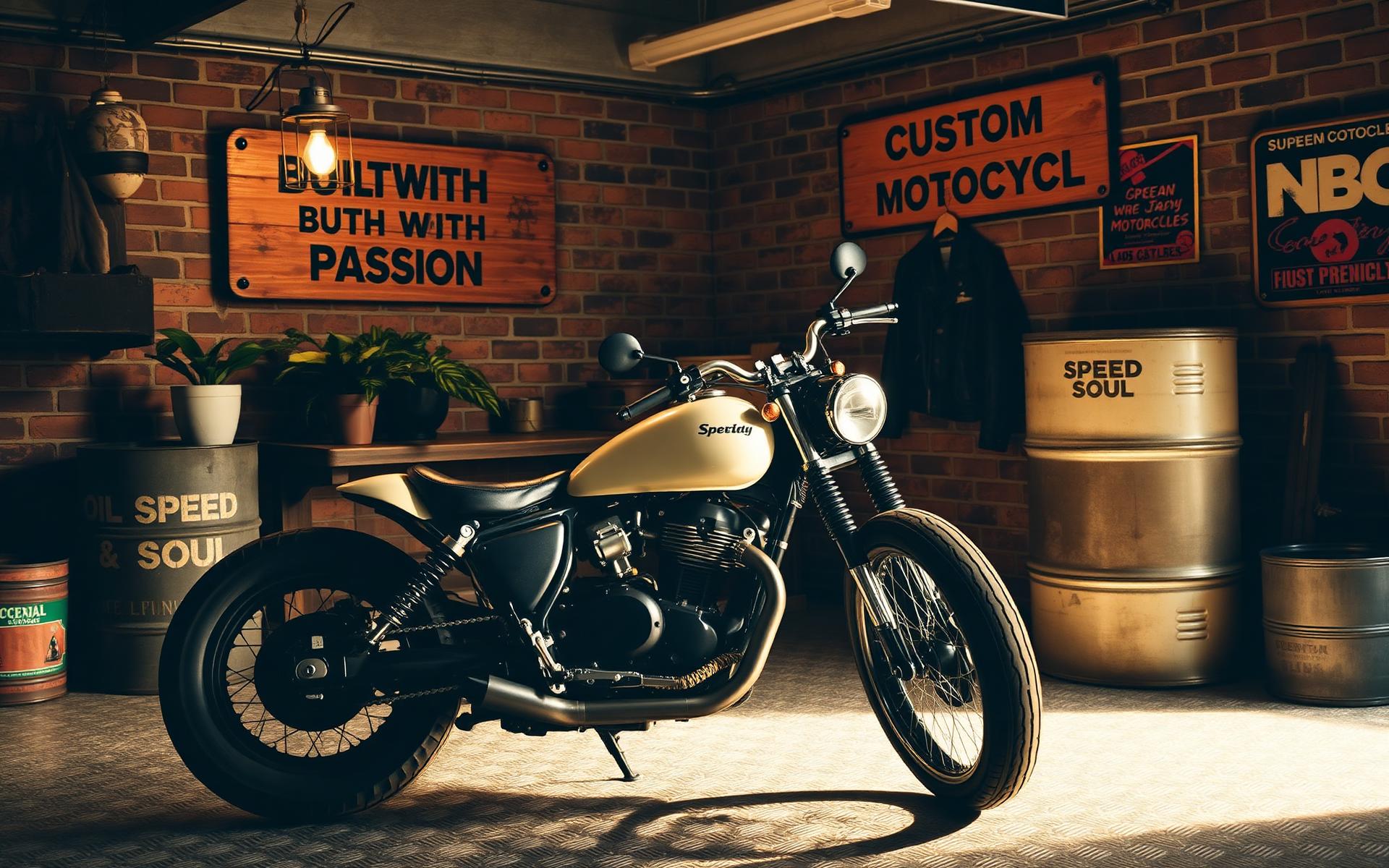 Mota custom vintage numa oficina de tijolo com iluminação quente