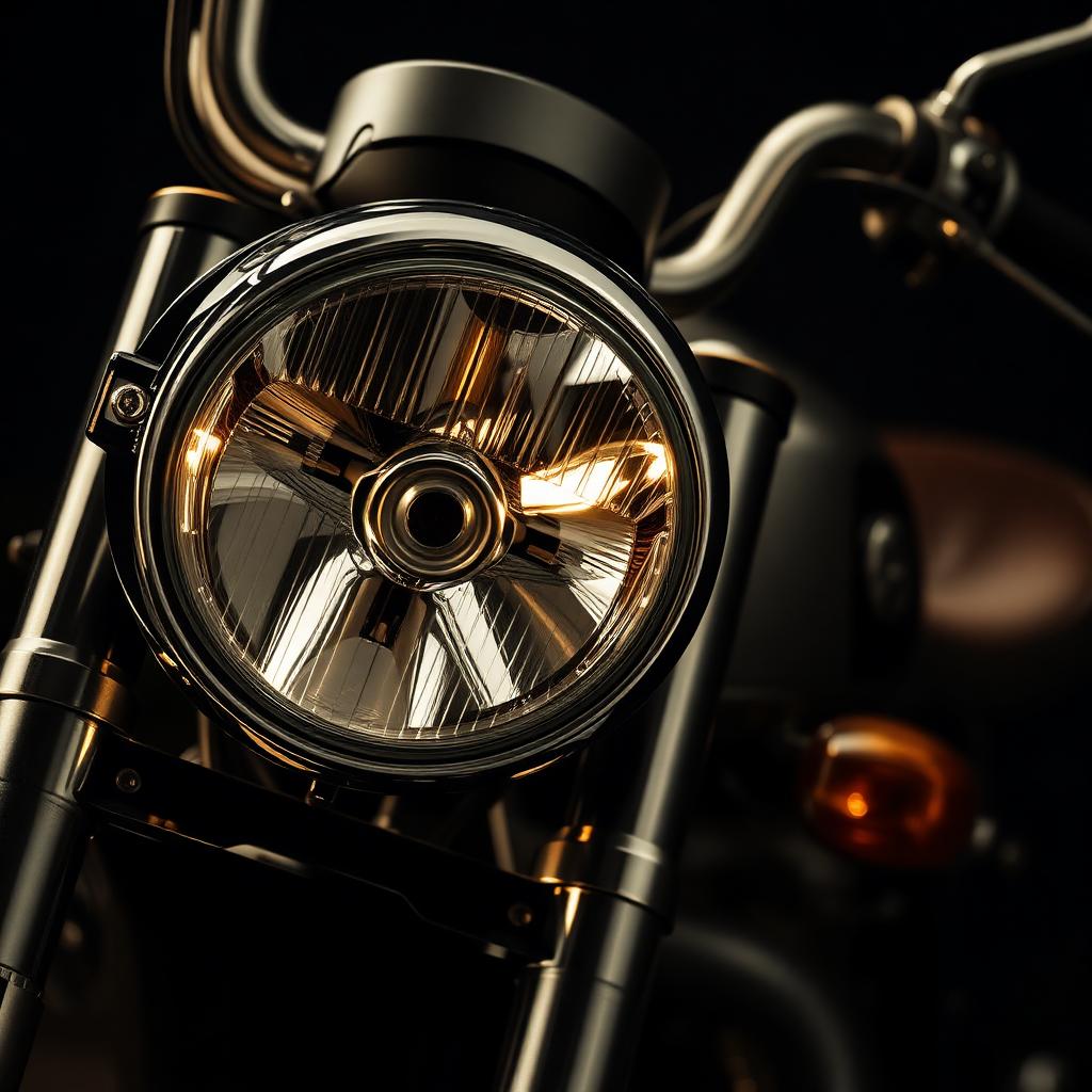 Detalhe editorial de mota clássica — farol e chrome
