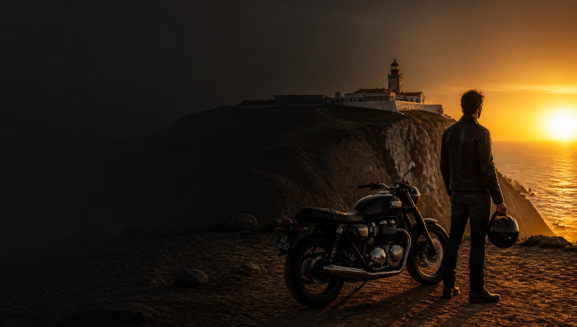 Motociclista ao pôr do sol no Cabo da Roca