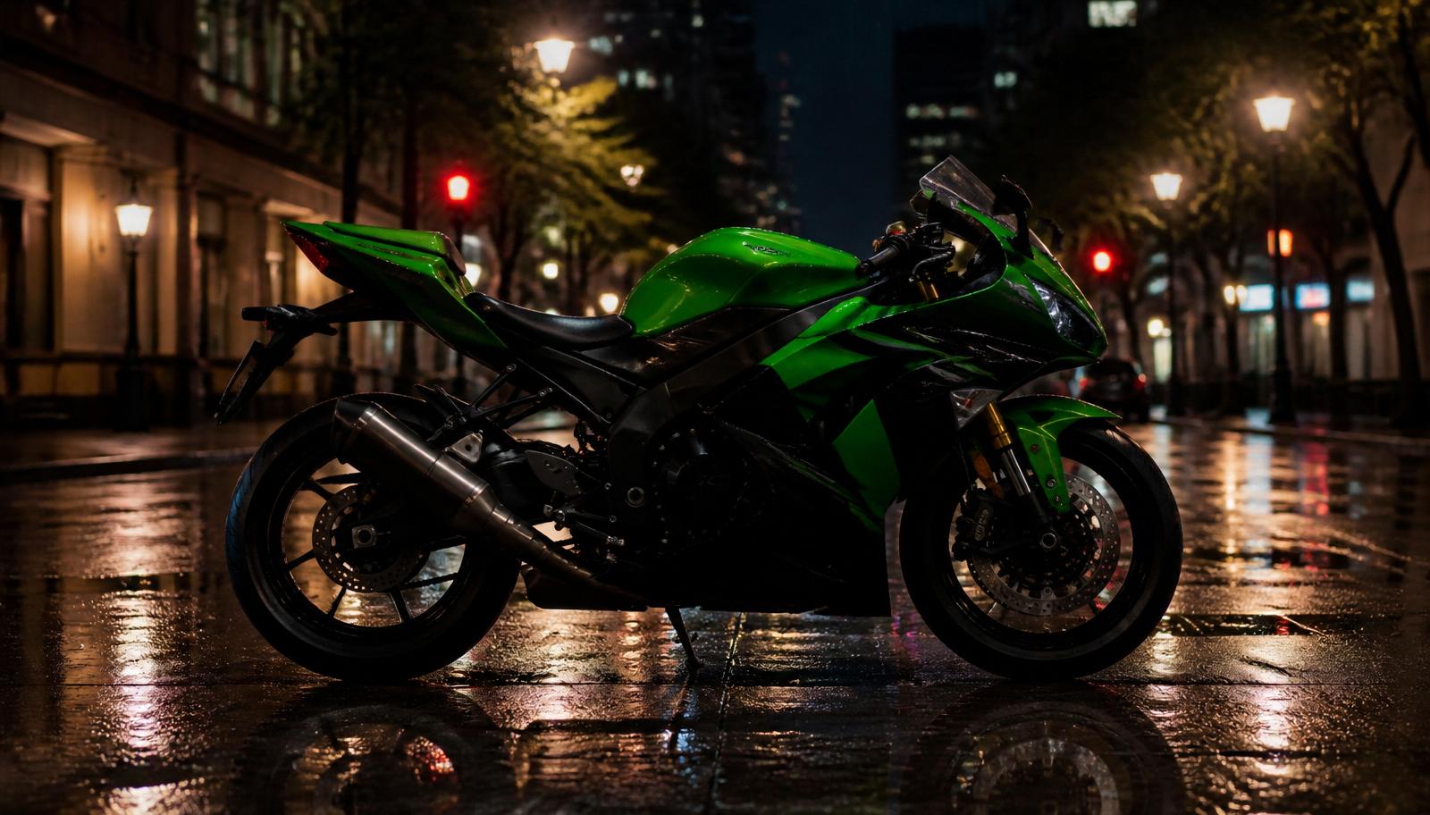 Kawasaki Ninja em rua urbana à noite
